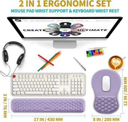 2 in 1 Ergonomic Mouse Pad Wrist Support & Wrist Rest for Computer Keyboard Set, with Relieve Carpal Tunnel Pain Massage Bulge and Full Memory Gel Design (2In1 Set, Black)