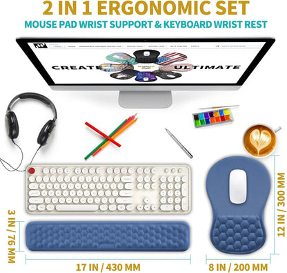 2 in 1 Ergonomic Mouse Pad Wrist Support & Wrist Rest for Computer Keyboard Set, with Relieve Carpal Tunnel Pain Massage Bulge and Full Memory Gel Design (2In1 Set, Black)