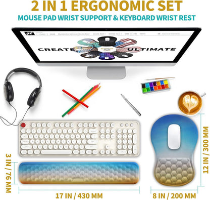 2 in 1 Ergonomic Mouse Pad Wrist Support & Wrist Rest for Computer Keyboard Set, with Relieve Carpal Tunnel Pain Massage Bulge and Full Memory Gel Design (2In1 Set, Black)