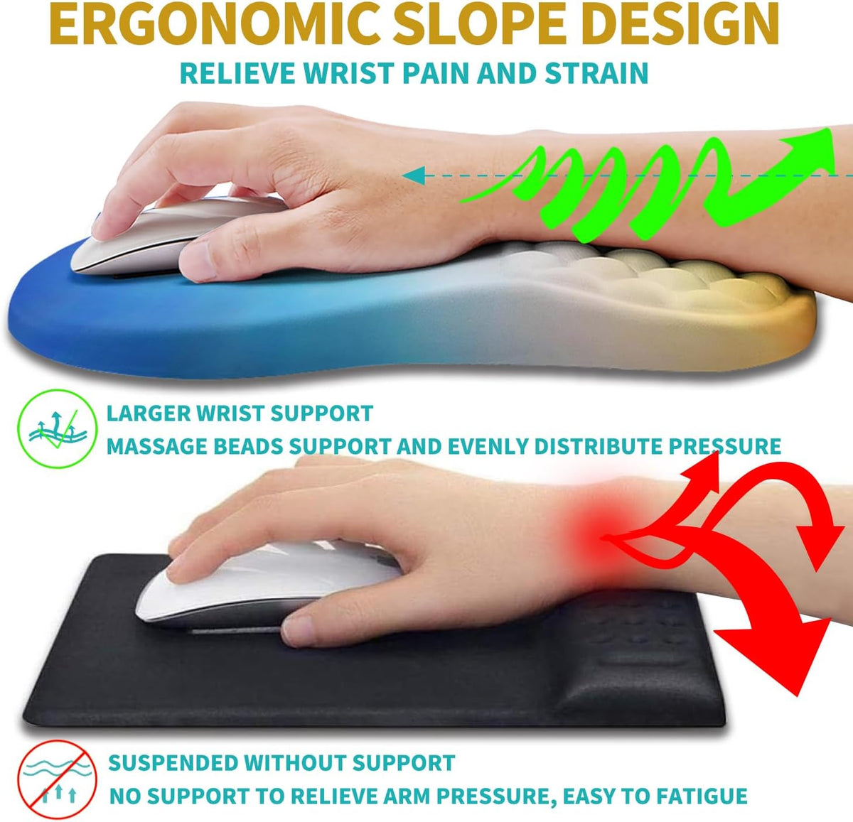 2 in 1 Ergonomic Mouse Pad Wrist Support & Wrist Rest for Computer Keyboard Set, with Relieve Carpal Tunnel Pain Massage Bulge and Full Memory Gel Design (2In1 Set, Black)