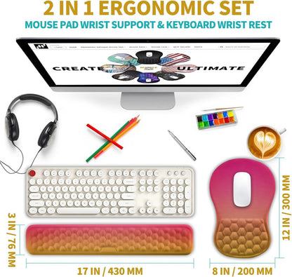 2 in 1 Ergonomic Mouse Pad Wrist Support & Wrist Rest for Computer Keyboard Set, with Relieve Carpal Tunnel Pain Massage Bulge and Full Memory Gel Design (2In1 Set, Black)