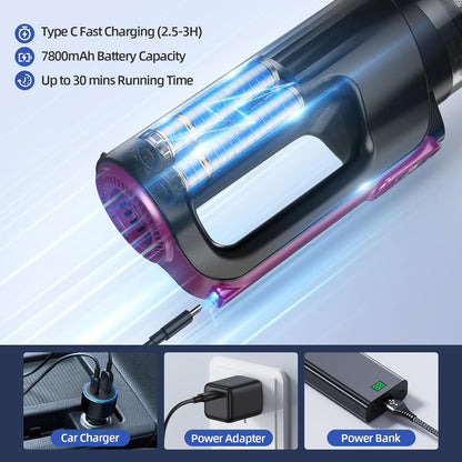 MONOZEL Car Vacuum Portable Cordless, 18000Pa 2 in 1 Vacuum Cleaner&Air Duster, 130W Brushless Motor Handheld Vacuum Cordless with 7800mAh Battery, LED Light, Multi-Nozzles for Car, Home, Office, Pet