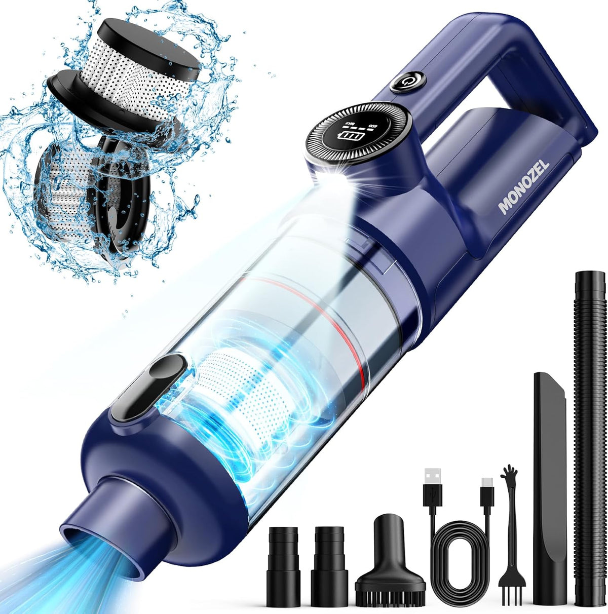 MONOZEL Car Vacuum Portable Cordless, 18000Pa 2 in 1 Vacuum Cleaner&Air Duster, 130W Brushless Motor Handheld Vacuum Cordless with 7800mAh Battery, LED Light, Multi-Nozzles for Car, Home, Office, Pet