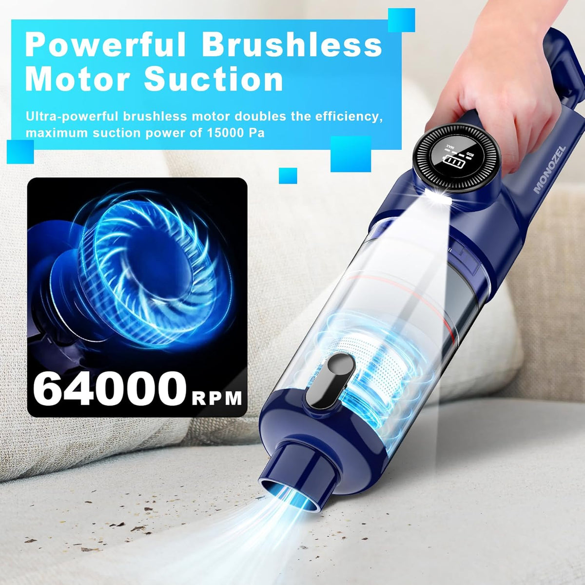 MONOZEL Car Vacuum Portable Cordless, 18000Pa 2 in 1 Vacuum Cleaner&Air Duster, 130W Brushless Motor Handheld Vacuum Cordless with 7800mAh Battery, LED Light, Multi-Nozzles for Car, Home, Office, Pet