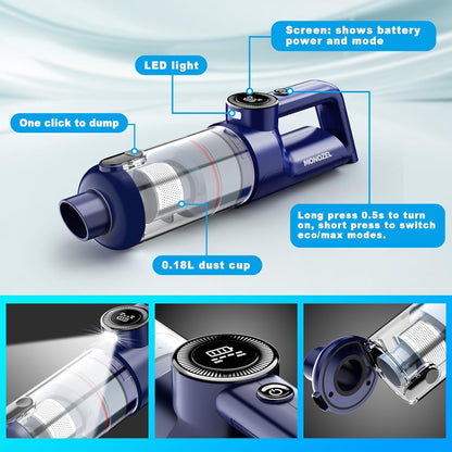 MONOZEL Car Vacuum Portable Cordless, 18000Pa 2 in 1 Vacuum Cleaner&Air Duster, 130W Brushless Motor Handheld Vacuum Cordless with 7800mAh Battery, LED Light, Multi-Nozzles for Car, Home, Office, Pet