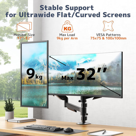 Dual Monitor Stand for 17-32 Inch Screens, VESA 75/100