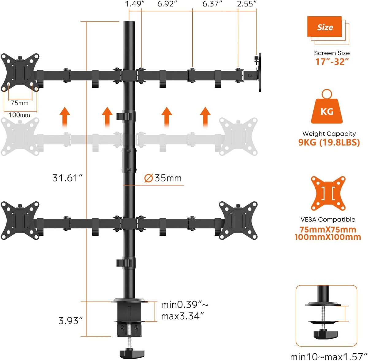Dual Monitor Stand for 17-32 Inch Screens, VESA 75/100
