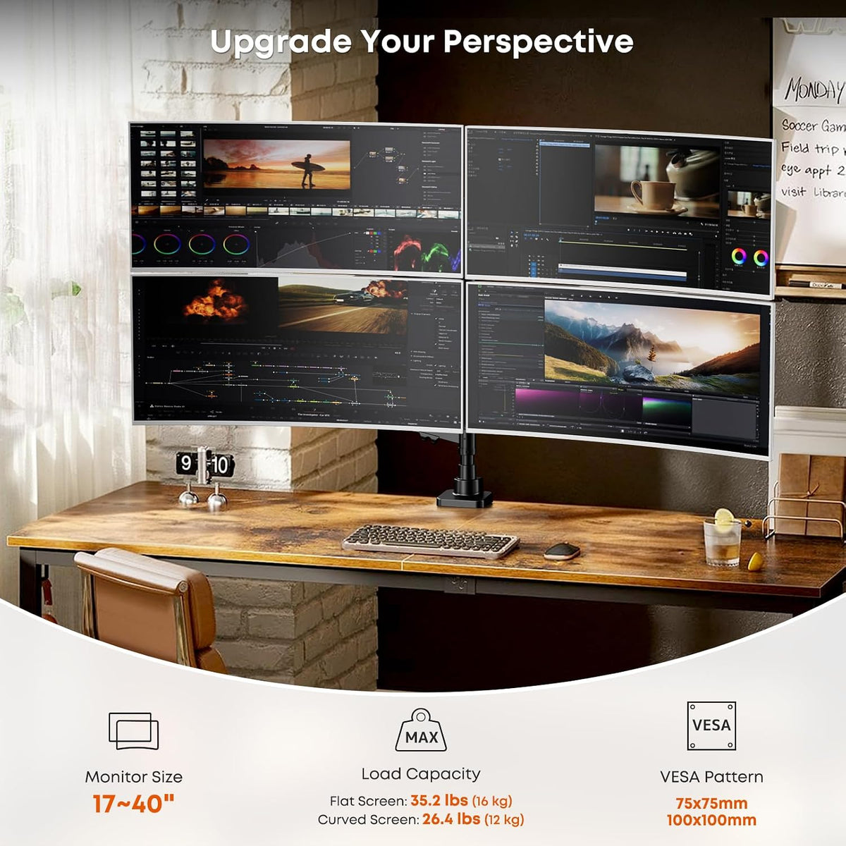 Dual Monitor Stand for 17-32 Inch Screens, VESA 75/100