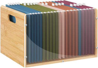 Sbanmao Clear Acrylic File Box Organizer, Bamboo Hanging Folder Storage Boxes, Filing Crate Bin Holder with Handle for Home Office Desk, Letter Size