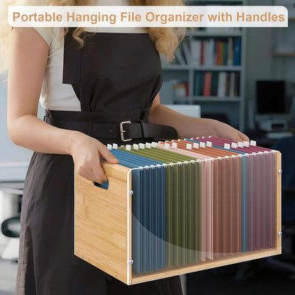 Sbanmao Clear Acrylic File Box Organizer, Bamboo Hanging Folder Storage Boxes, Filing Crate Bin Holder with Handle for Home Office Desk, Letter Size