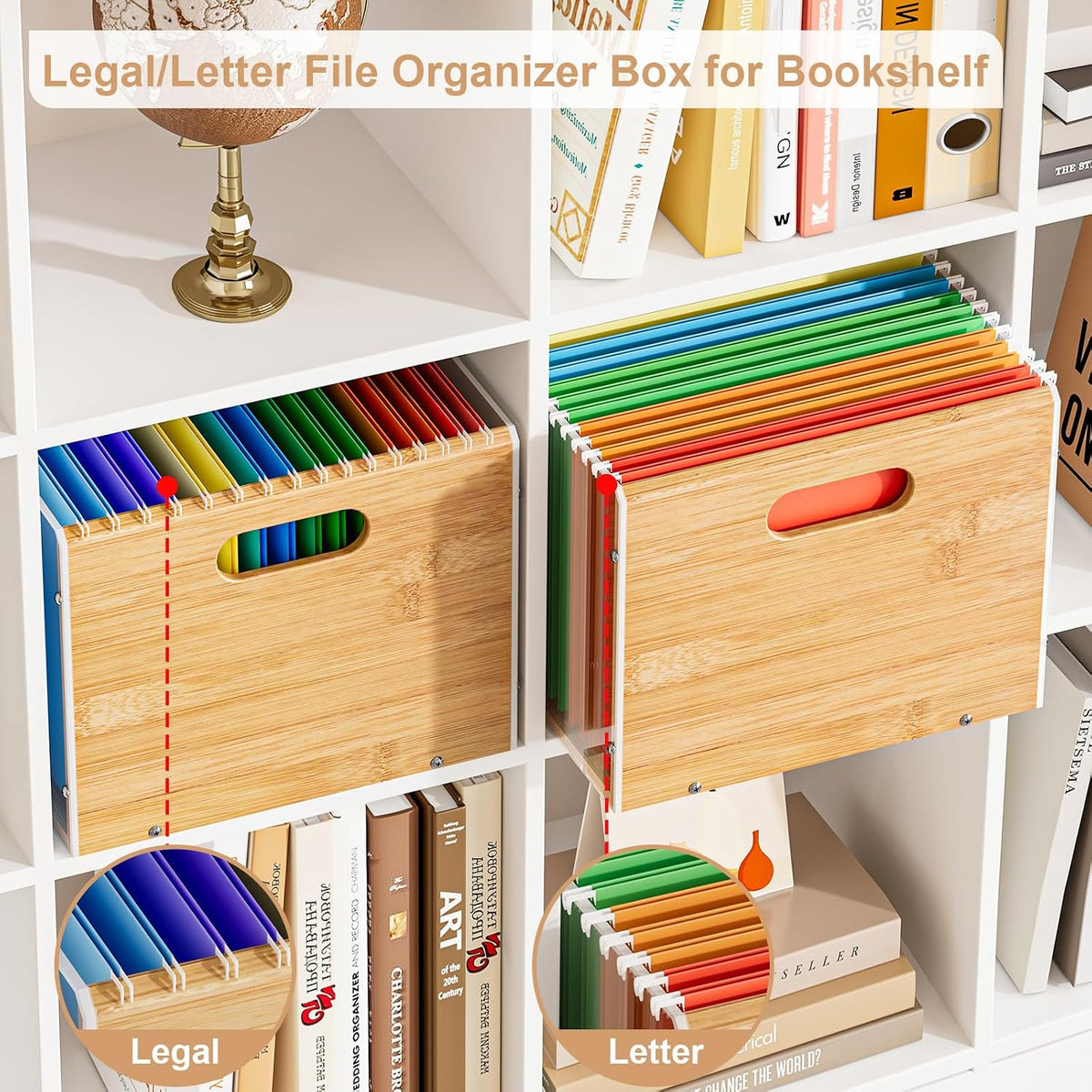 Sbanmao Clear Acrylic File Box Organizer, Bamboo Hanging Folder Storage Boxes, Filing Crate Bin Holder with Handle for Home Office Desk, Letter Size