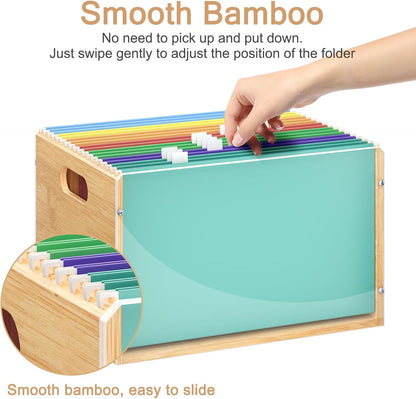 Sbanmao Clear Acrylic File Box Organizer, Bamboo Hanging Folder Storage Boxes, Filing Crate Bin Holder with Handle for Home Office Desk, Letter Size