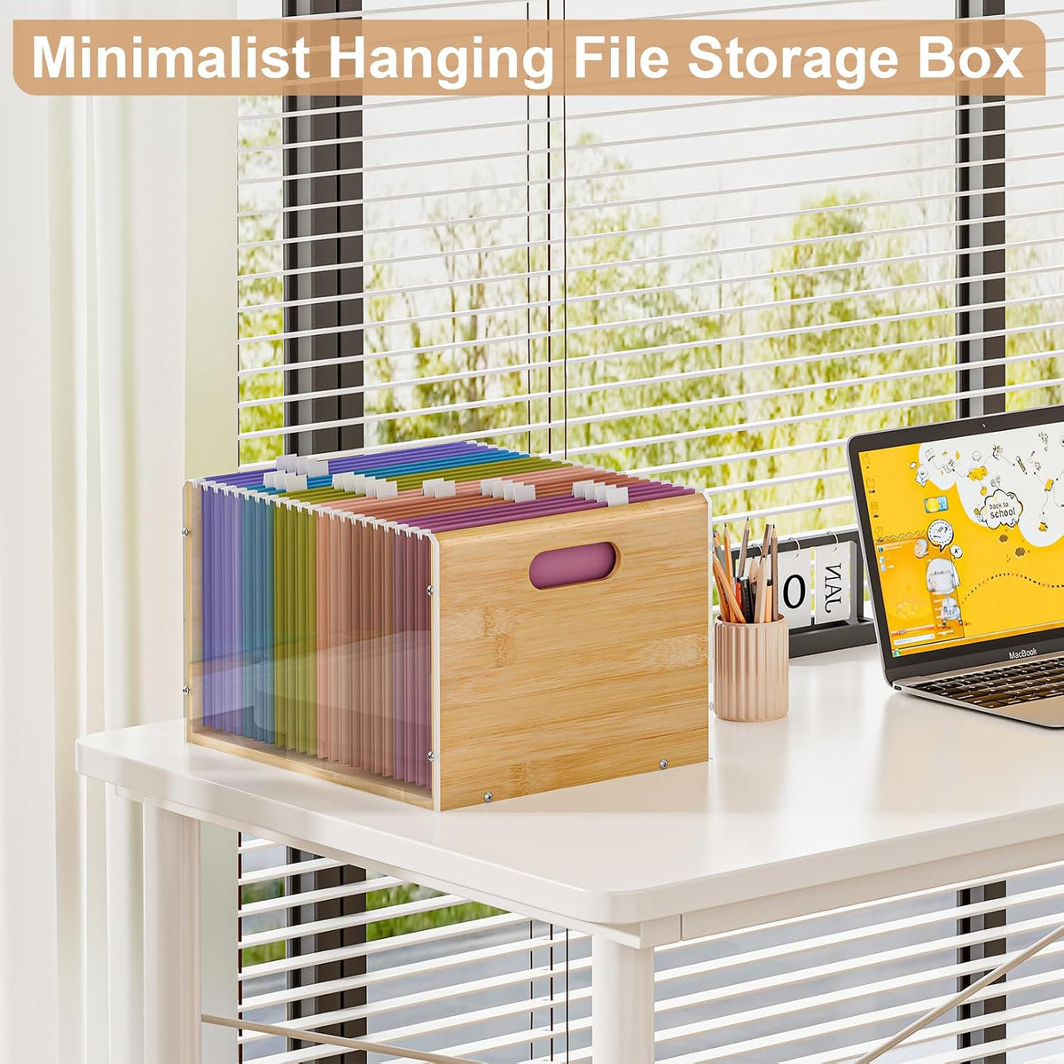 Sbanmao Clear Acrylic File Box Organizer, Bamboo Hanging Folder Storage Boxes, Filing Crate Bin Holder with Handle for Home Office Desk, Letter Size