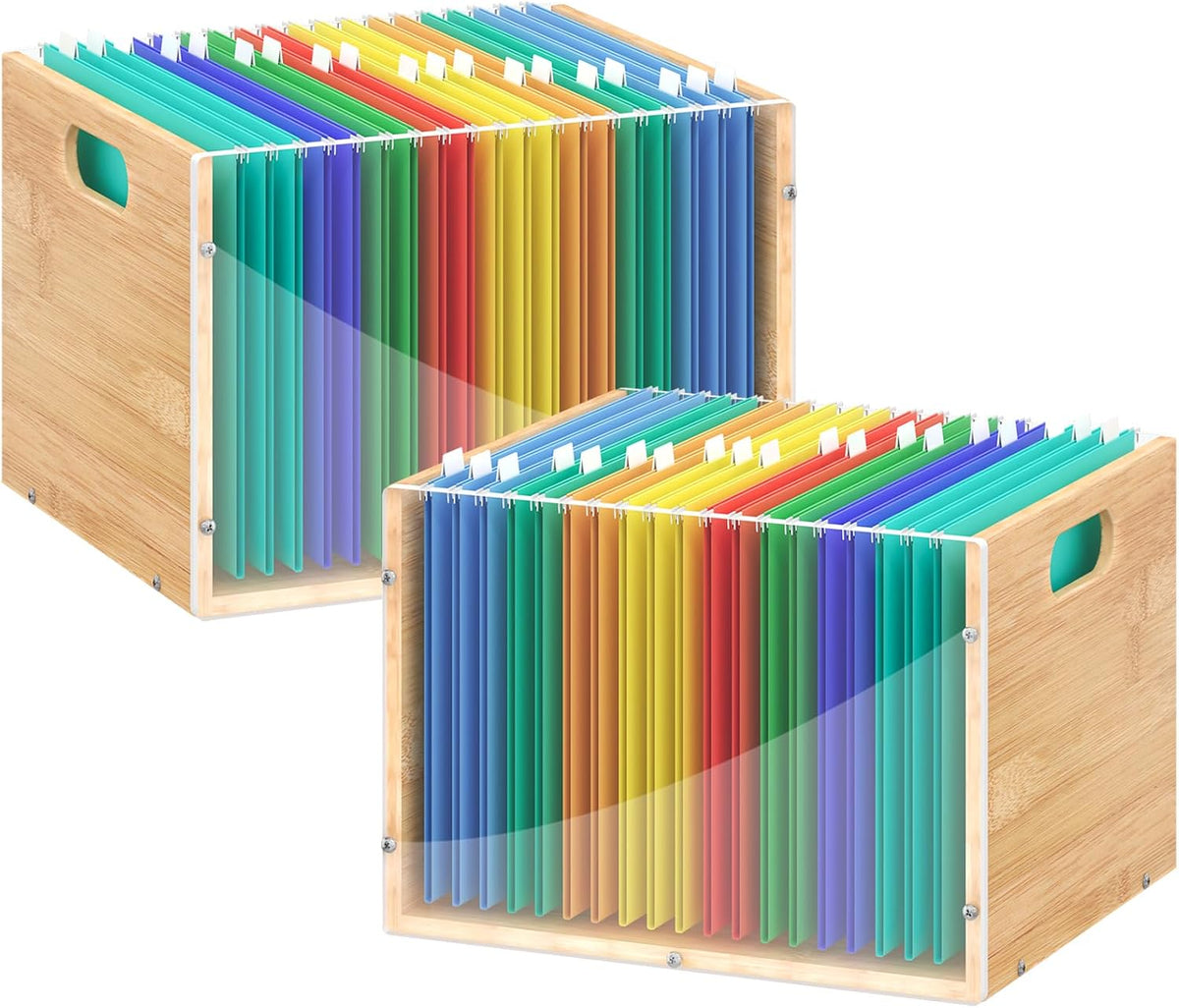 Sbanmao Clear Acrylic File Box Organizer, Bamboo Hanging Folder Storage Boxes, Filing Crate Bin Holder with Handle for Home Office Desk, Letter Size