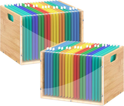 Sbanmao Clear Acrylic File Box Organizer, Bamboo Hanging Folder Storage Boxes, Filing Crate Bin Holder with Handle for Home Office Desk, Letter Size