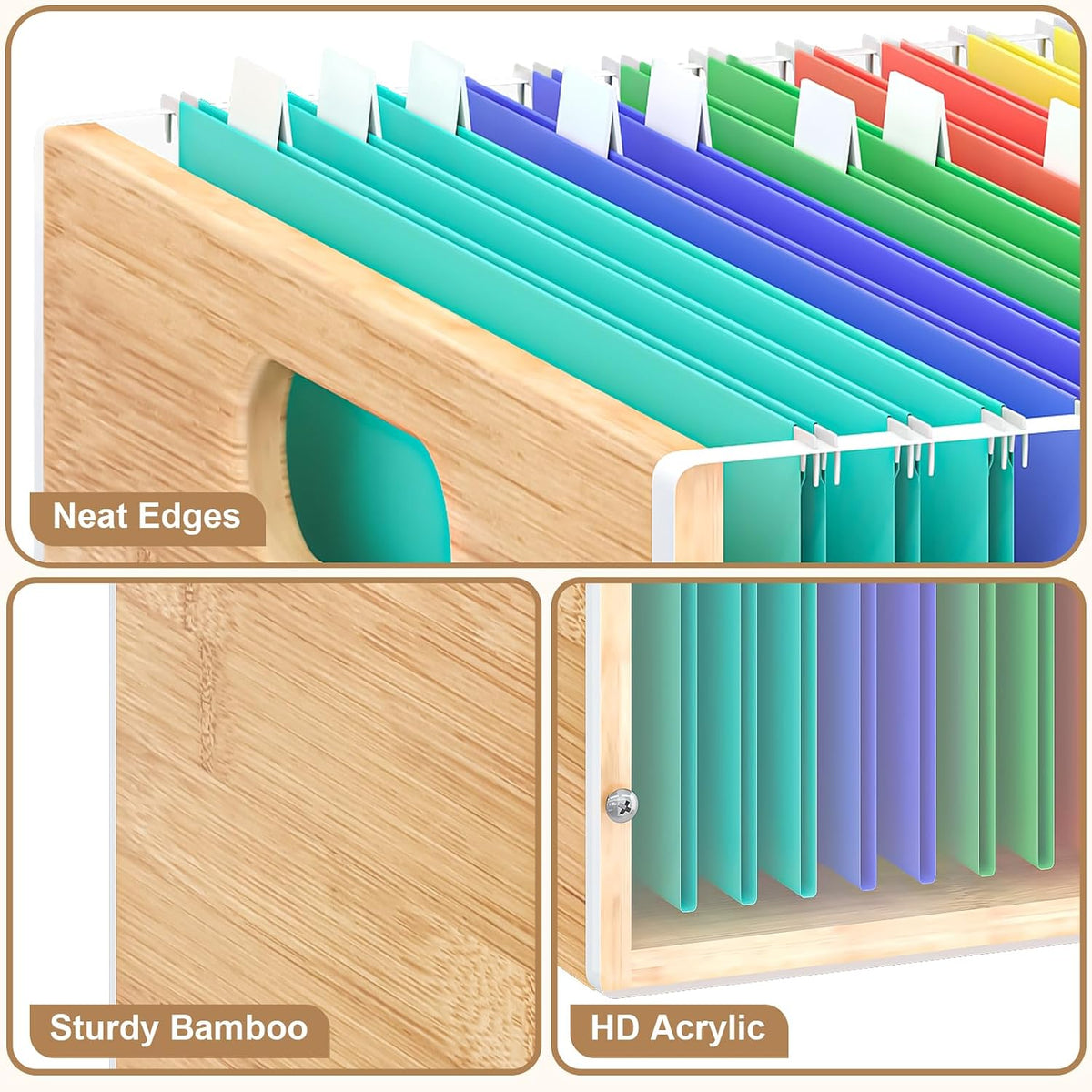Sbanmao Clear Acrylic File Box Organizer, Bamboo Hanging Folder Storage Boxes, Filing Crate Bin Holder with Handle for Home Office Desk, Letter Size