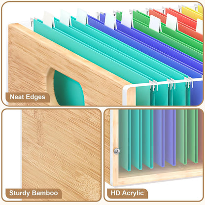 Sbanmao Clear Acrylic File Box Organizer, Bamboo Hanging Folder Storage Boxes, Filing Crate Bin Holder with Handle for Home Office Desk, Letter Size