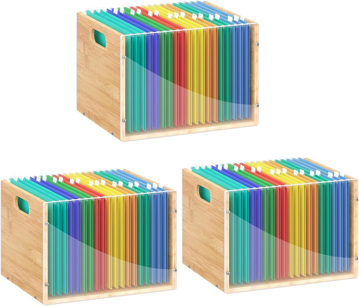 Sbanmao Clear Acrylic File Box Organizer, Bamboo Hanging Folder Storage Boxes, Filing Crate Bin Holder with Handle for Home Office Desk, Letter Size