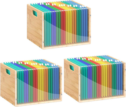 Sbanmao Clear Acrylic File Box Organizer, Bamboo Hanging Folder Storage Boxes, Filing Crate Bin Holder with Handle for Home Office Desk, Letter Size