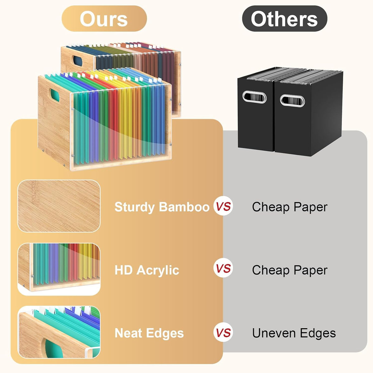 Sbanmao Clear Acrylic File Box Organizer, Bamboo Hanging Folder Storage Boxes, Filing Crate Bin Holder with Handle for Home Office Desk, Letter Size