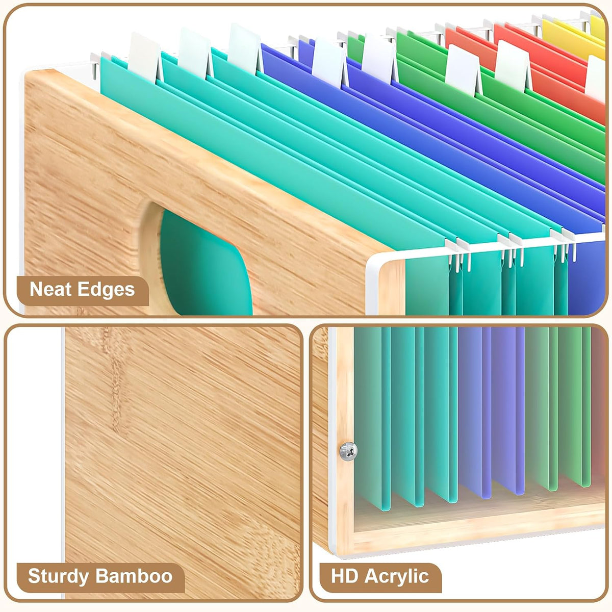 Sbanmao Clear Acrylic File Box Organizer, Bamboo Hanging Folder Storage Boxes, Filing Crate Bin Holder with Handle for Home Office Desk, Letter Size
