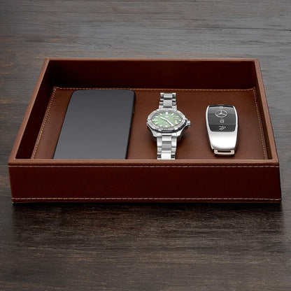 Valet Tray for Men - Nightstand Organizer EDC Tray for Wallet and Keys - Bedside Dresser Catch All Dump Key Bowl for Entryway Table, Dark Brown
