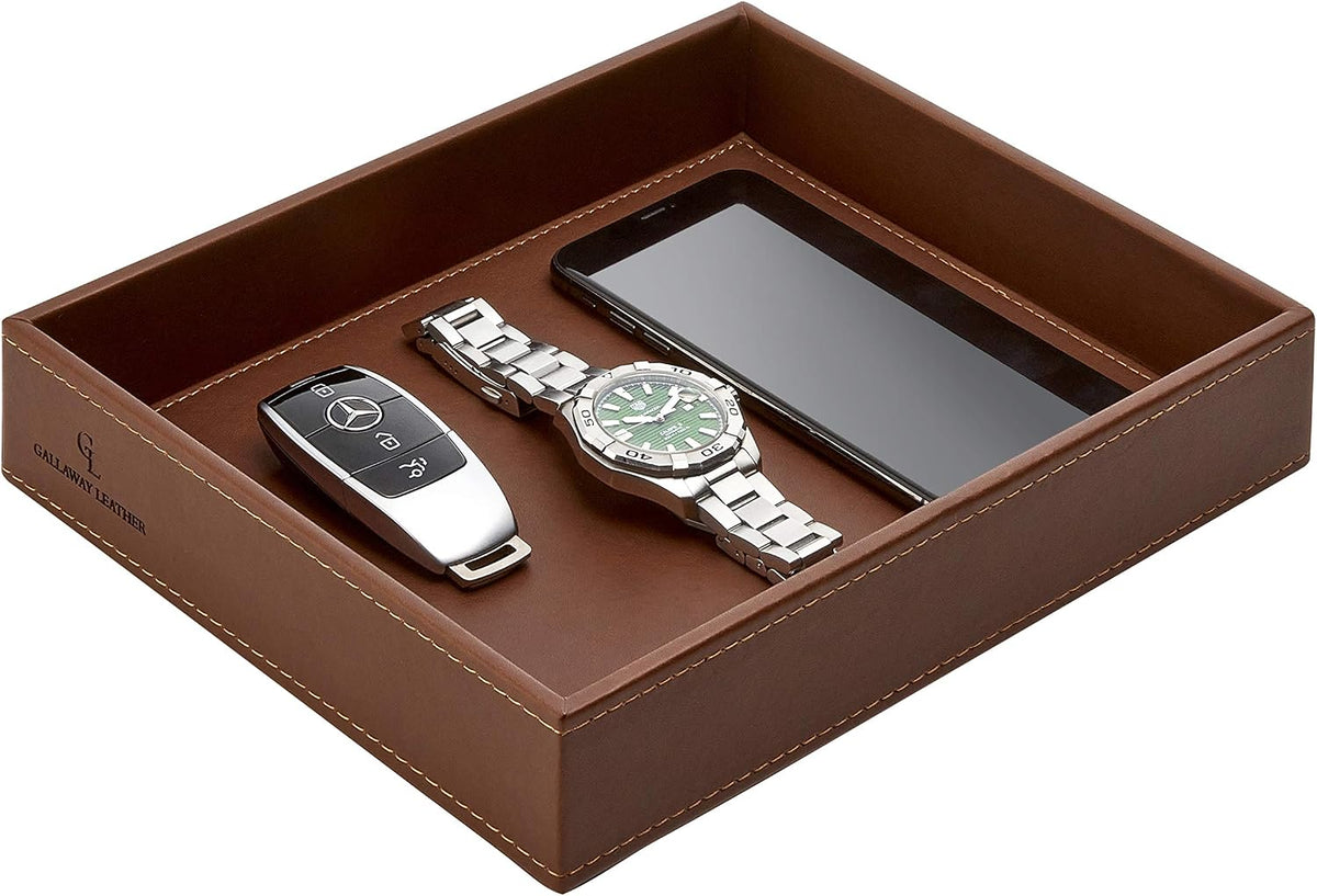Valet Tray for Men - Nightstand Organizer EDC Tray for Wallet and Keys - Bedside Dresser Catch All Dump Key Bowl for Entryway Table, Dark Brown