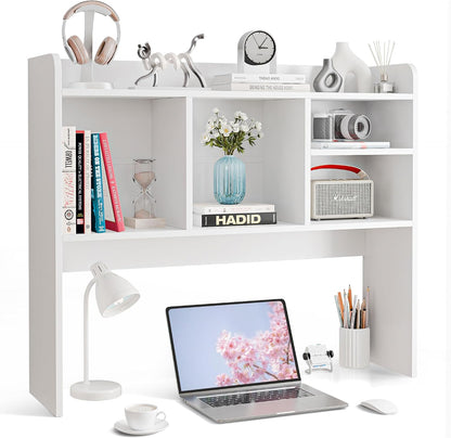 Desktop Bookshelf, Countertop Storage Hutch with 4 Shelves for Computer Desk, 2-Tier Display Rack, Multipurpose Wood Desk Hutch Storage Organizer for Home Office Dorm, White
