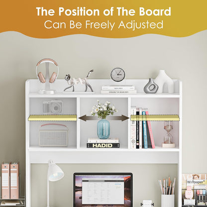Desktop Bookshelf, Countertop Storage Hutch with 4 Shelves for Computer Desk, 2-Tier Display Rack, Multipurpose Wood Desk Hutch Storage Organizer for Home Office Dorm, White