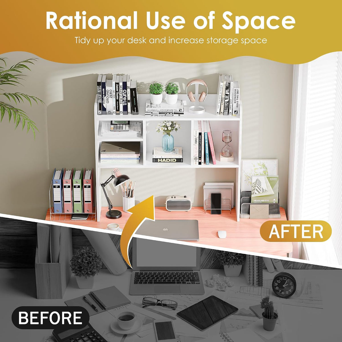 Desktop Bookshelf, Countertop Storage Hutch with 4 Shelves for Computer Desk, 2-Tier Display Rack, Multipurpose Wood Desk Hutch Storage Organizer for Home Office Dorm, White