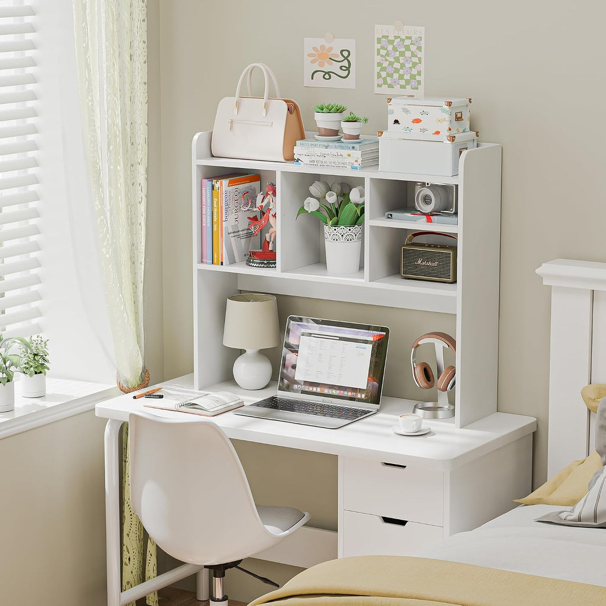 Desktop Bookshelf, Countertop Storage Hutch with 4 Shelves for Computer Desk, 2-Tier Display Rack, Multipurpose Wood Desk Hutch Storage Organizer for Home Office Dorm, White
