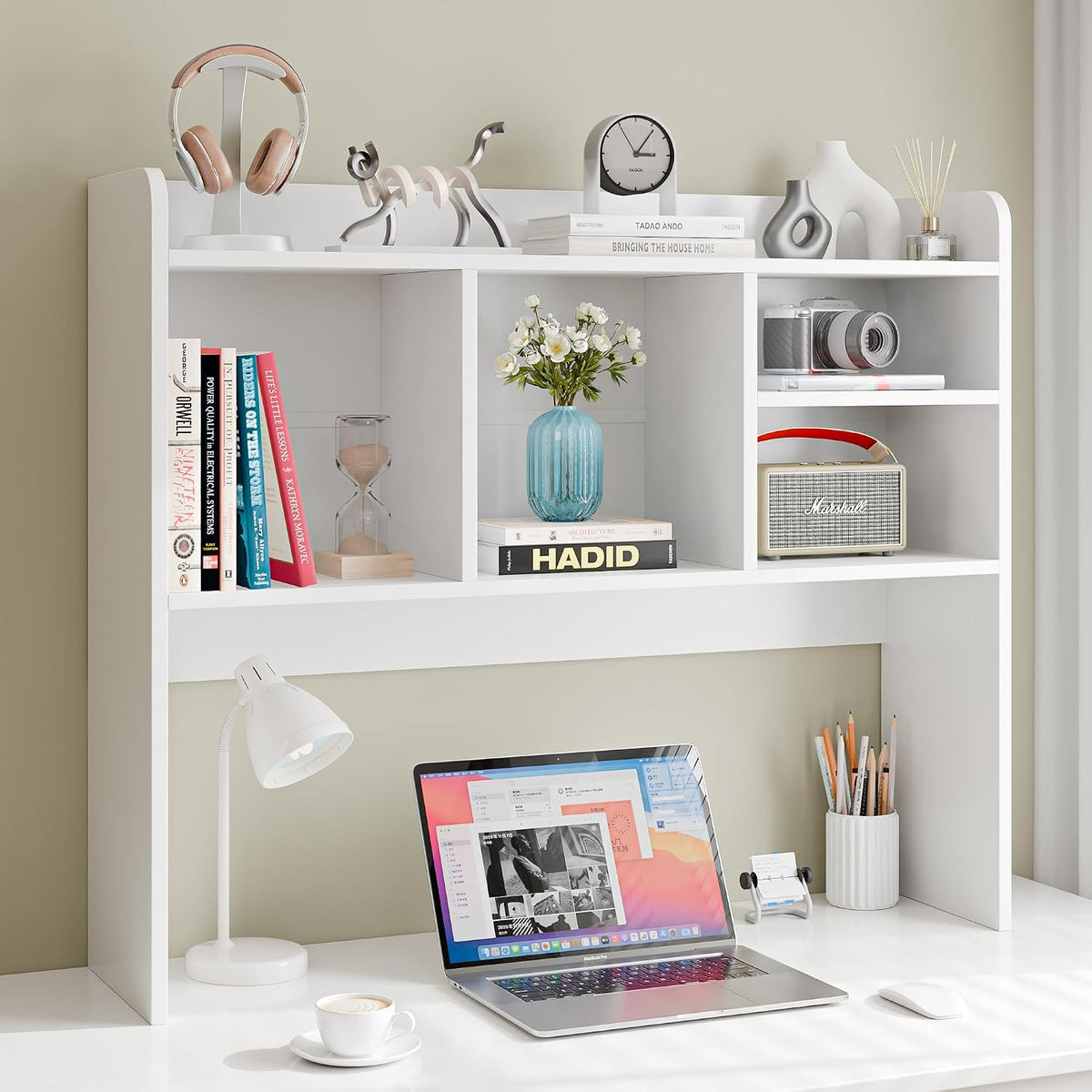 Desktop Bookshelf, Countertop Storage Hutch with 4 Shelves for Computer Desk, 2-Tier Display Rack, Multipurpose Wood Desk Hutch Storage Organizer for Home Office Dorm, White