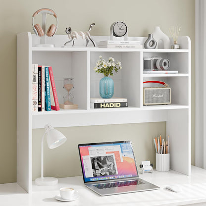 Desktop Bookshelf, Countertop Storage Hutch with 4 Shelves for Computer Desk, 2-Tier Display Rack, Multipurpose Wood Desk Hutch Storage Organizer for Home Office Dorm, White