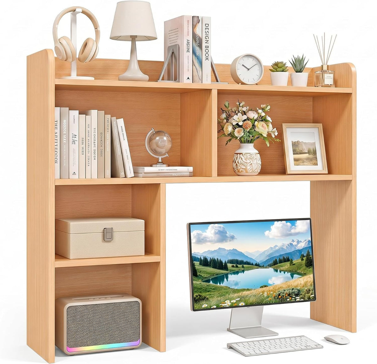 Desktop Bookshelf, Countertop Storage Hutch with 4 Shelves for Computer Desk, 2-Tier Display Rack, Multipurpose Wood Desk Hutch Storage Organizer for Home Office Dorm, White