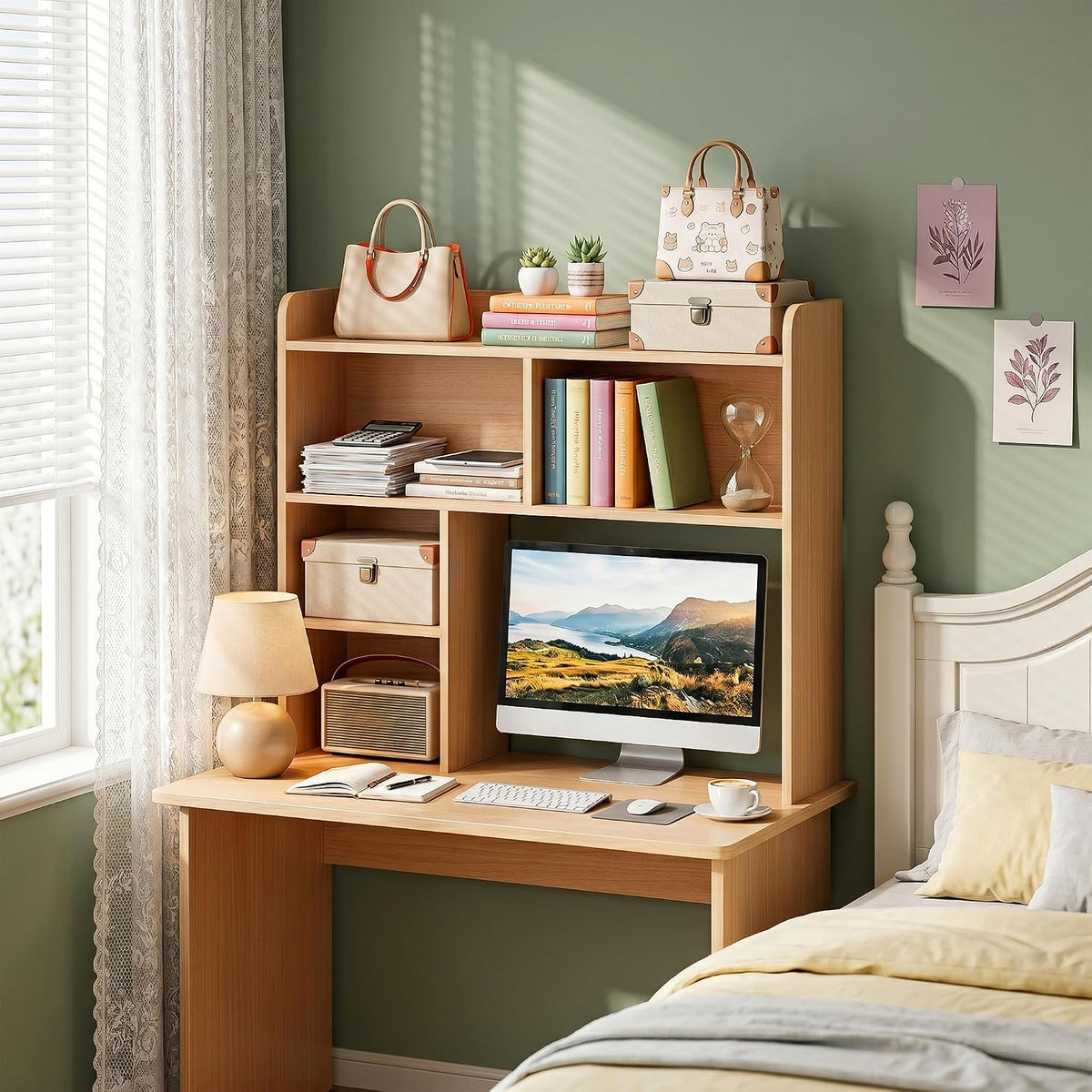 Desktop Bookshelf, Countertop Storage Hutch with 4 Shelves for Computer Desk, 2-Tier Display Rack, Multipurpose Wood Desk Hutch Storage Organizer for Home Office Dorm, White