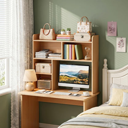 Desktop Bookshelf, Countertop Storage Hutch with 4 Shelves for Computer Desk, 2-Tier Display Rack, Multipurpose Wood Desk Hutch Storage Organizer for Home Office Dorm, White