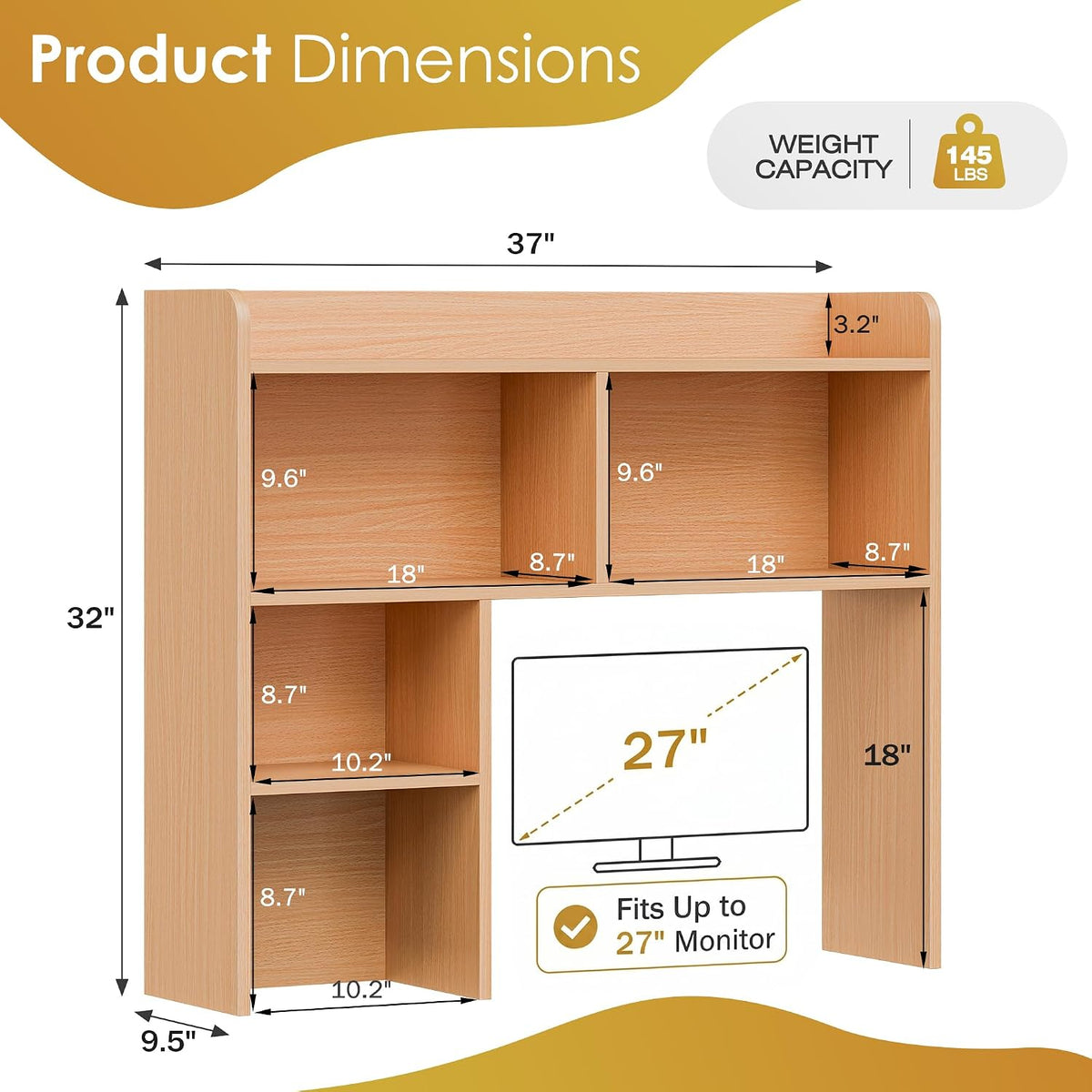 Desktop Bookshelf, Countertop Storage Hutch with 4 Shelves for Computer Desk, 2-Tier Display Rack, Multipurpose Wood Desk Hutch Storage Organizer for Home Office Dorm, White