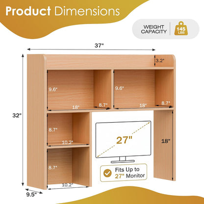 Desktop Bookshelf, Countertop Storage Hutch with 4 Shelves for Computer Desk, 2-Tier Display Rack, Multipurpose Wood Desk Hutch Storage Organizer for Home Office Dorm, White