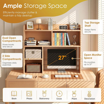 Desktop Bookshelf, Countertop Storage Hutch with 4 Shelves for Computer Desk, 2-Tier Display Rack, Multipurpose Wood Desk Hutch Storage Organizer for Home Office Dorm, White
