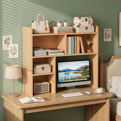 Desktop Bookshelf, Countertop Storage Hutch with 4 Shelves for Computer Desk, 2-Tier Display Rack, Multipurpose Wood Desk Hutch Storage Organizer for Home Office Dorm, White