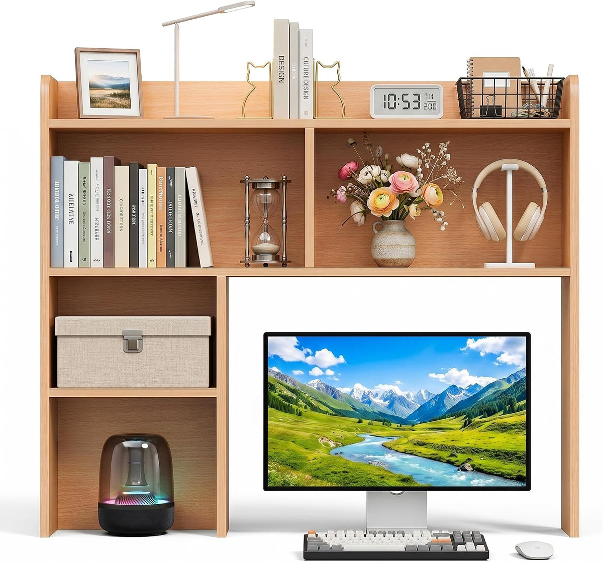 Desktop Bookshelf, Countertop Storage Hutch with 4 Shelves for Computer Desk, 2-Tier Display Rack, Multipurpose Wood Desk Hutch Storage Organizer for Home Office Dorm, White