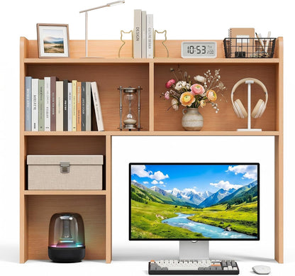 Desktop Bookshelf, Countertop Storage Hutch with 4 Shelves for Computer Desk, 2-Tier Display Rack, Multipurpose Wood Desk Hutch Storage Organizer for Home Office Dorm, White