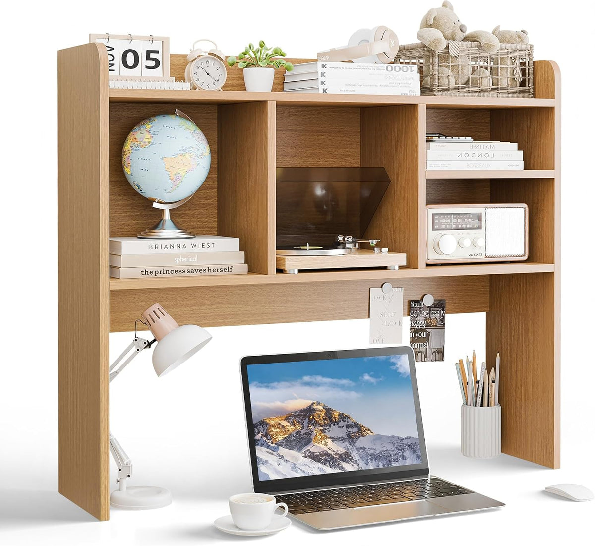 Desktop Bookshelf, Countertop Storage Hutch with 4 Shelves for Computer Desk, 2-Tier Display Rack, Multipurpose Wood Desk Hutch Storage Organizer for Home Office Dorm, White