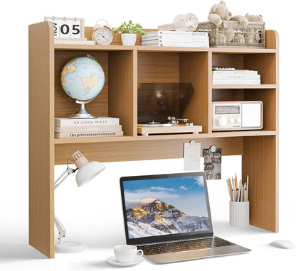 Desktop Bookshelf, Countertop Storage Hutch with 4 Shelves for Computer Desk, 2-Tier Display Rack, Multipurpose Wood Desk Hutch Storage Organizer for Home Office Dorm, White