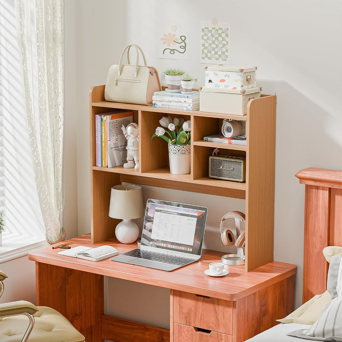 Desktop Bookshelf, Countertop Storage Hutch with 4 Shelves for Computer Desk, 2-Tier Display Rack, Multipurpose Wood Desk Hutch Storage Organizer for Home Office Dorm, White