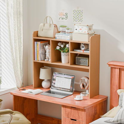 Desktop Bookshelf, Countertop Storage Hutch with 4 Shelves for Computer Desk, 2-Tier Display Rack, Multipurpose Wood Desk Hutch Storage Organizer for Home Office Dorm, White