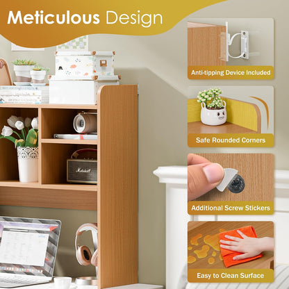 Desktop Bookshelf, Countertop Storage Hutch with 4 Shelves for Computer Desk, 2-Tier Display Rack, Multipurpose Wood Desk Hutch Storage Organizer for Home Office Dorm, White