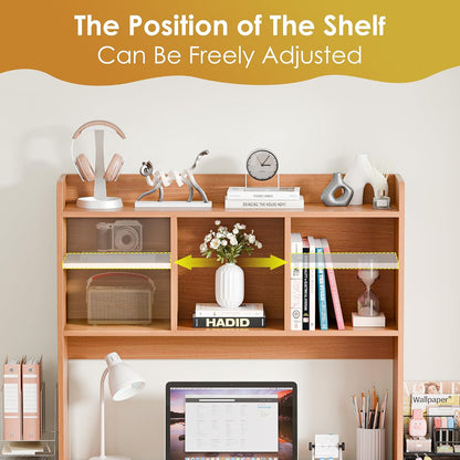 Desktop Bookshelf, Countertop Storage Hutch with 4 Shelves for Computer Desk, 2-Tier Display Rack, Multipurpose Wood Desk Hutch Storage Organizer for Home Office Dorm, White