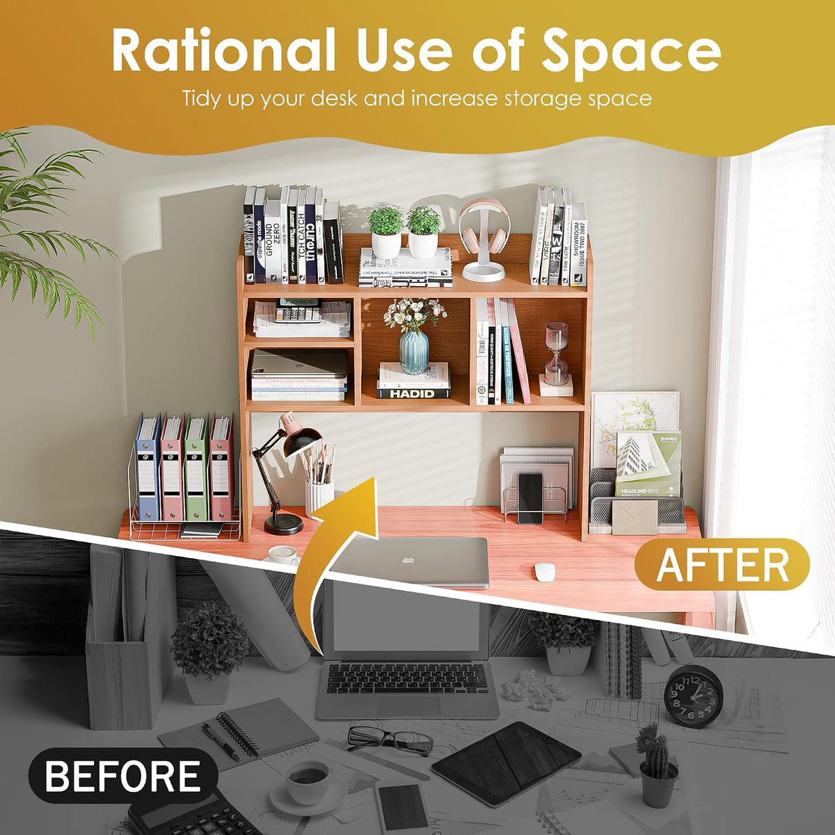 Desktop Bookshelf, Countertop Storage Hutch with 4 Shelves for Computer Desk, 2-Tier Display Rack, Multipurpose Wood Desk Hutch Storage Organizer for Home Office Dorm, White