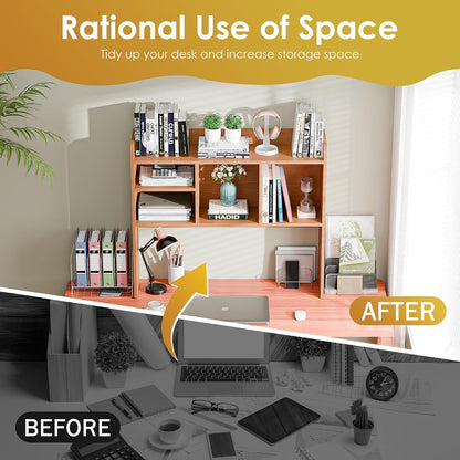 Desktop Bookshelf, Countertop Storage Hutch with 4 Shelves for Computer Desk, 2-Tier Display Rack, Multipurpose Wood Desk Hutch Storage Organizer for Home Office Dorm, White